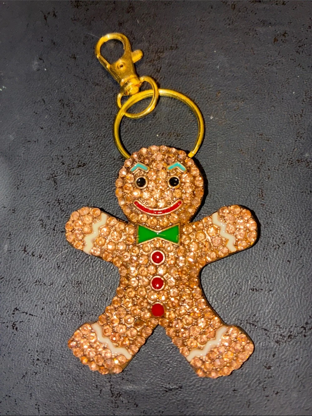 Crystal Gingerbread Keychain Charm in Brown with Green Bow